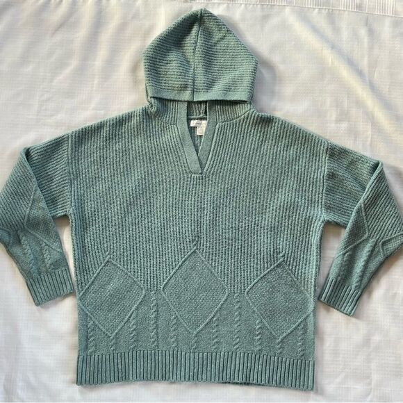 Christopher & Banks Cozycore Cable Knit Hooded Seafoam Knit Popover Sweater-L - Picture 4 of 13